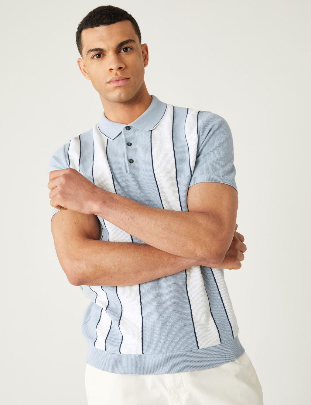 Cotton Rich Striped Knitted Polo Shirt image 1