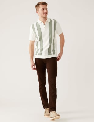 

Mens M&S Collection Gestricktes Poloshirt mit hohem Baumwollanteil und Streifenmuster - Ecru Mix, Ecru Mix