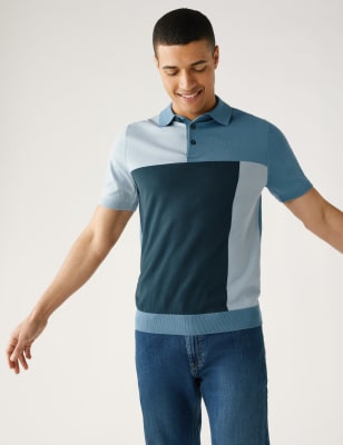 

Mens M&S Collection Cotton Rich Colour Block Knitted Polo Shirt - Blue Mix, Blue Mix