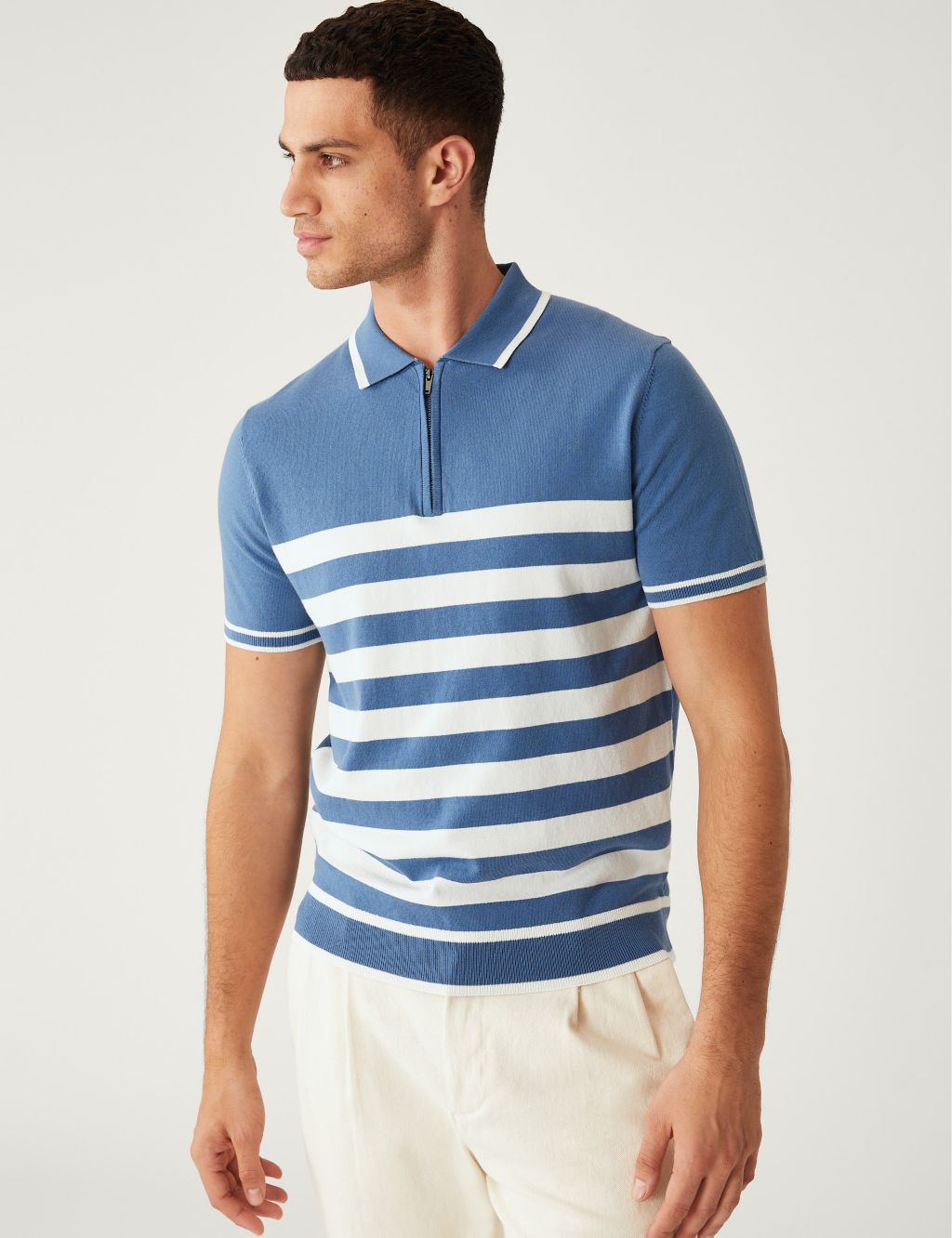 Cotton Rich Striped Knitted Polo Shirt image 1
