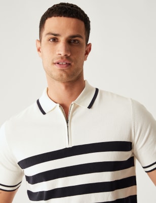 

Mens M&S Collection Cotton Rich Striped Knitted Polo Shirt - Ecru Mix, Ecru Mix