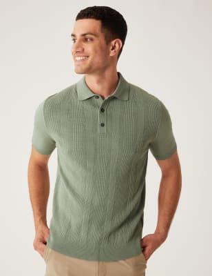 

Mens M&S Collection Cotton Rich Textured Knitted Polo Shirt - Green, Green