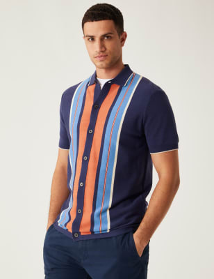 

Mens M&S Collection Cotton Modal Striped Knitted Polo Shirt - Dark Blue Mix, Dark Blue Mix