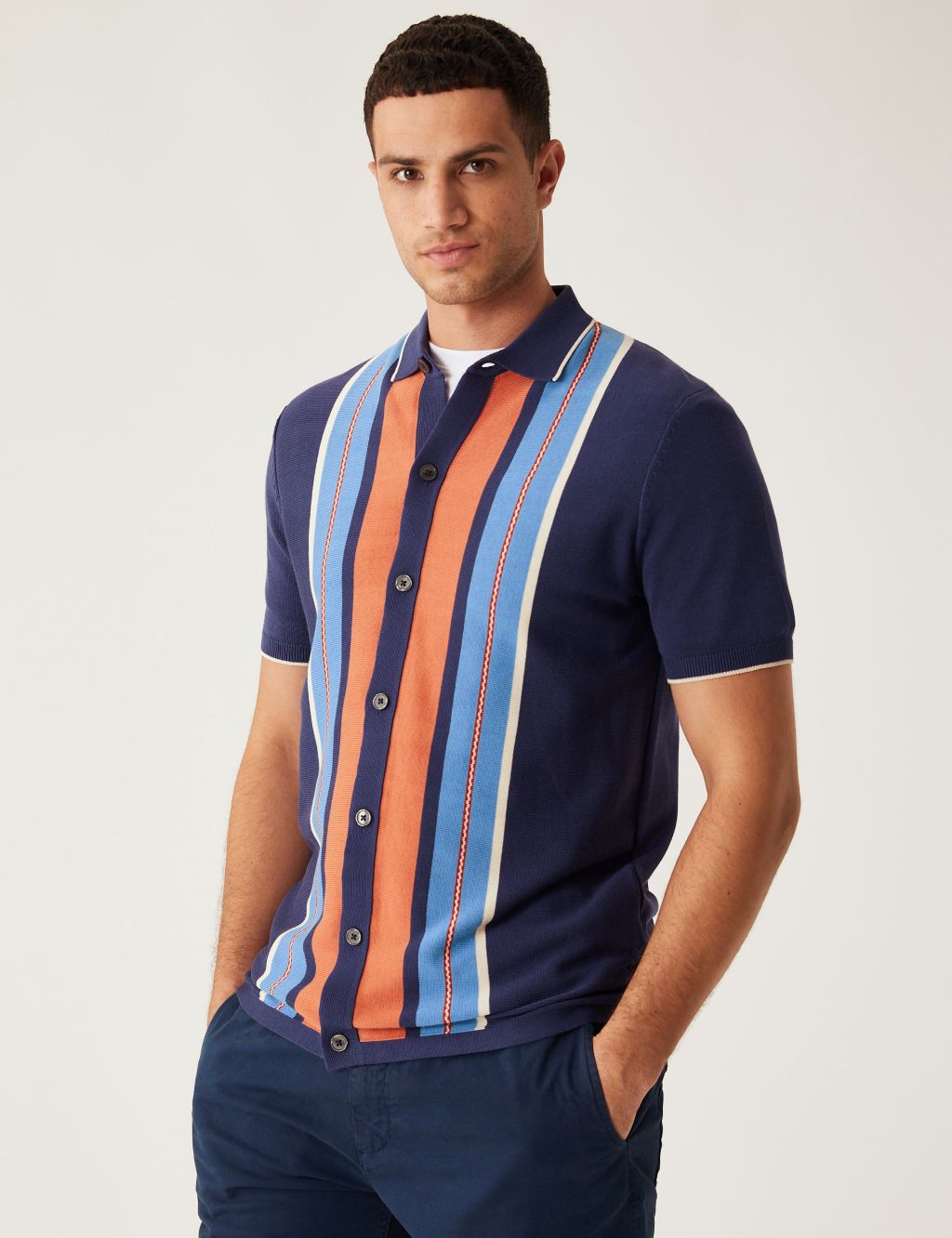 Cotton Modal Striped Knitted Polo Shirt image 1