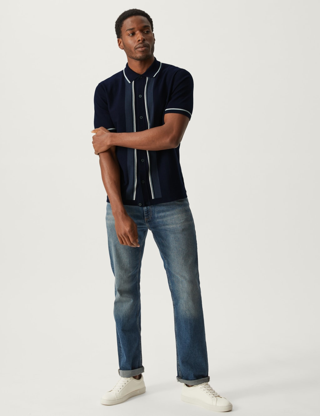 Cotton Rich Striped Knitted Polo Shirt image 1