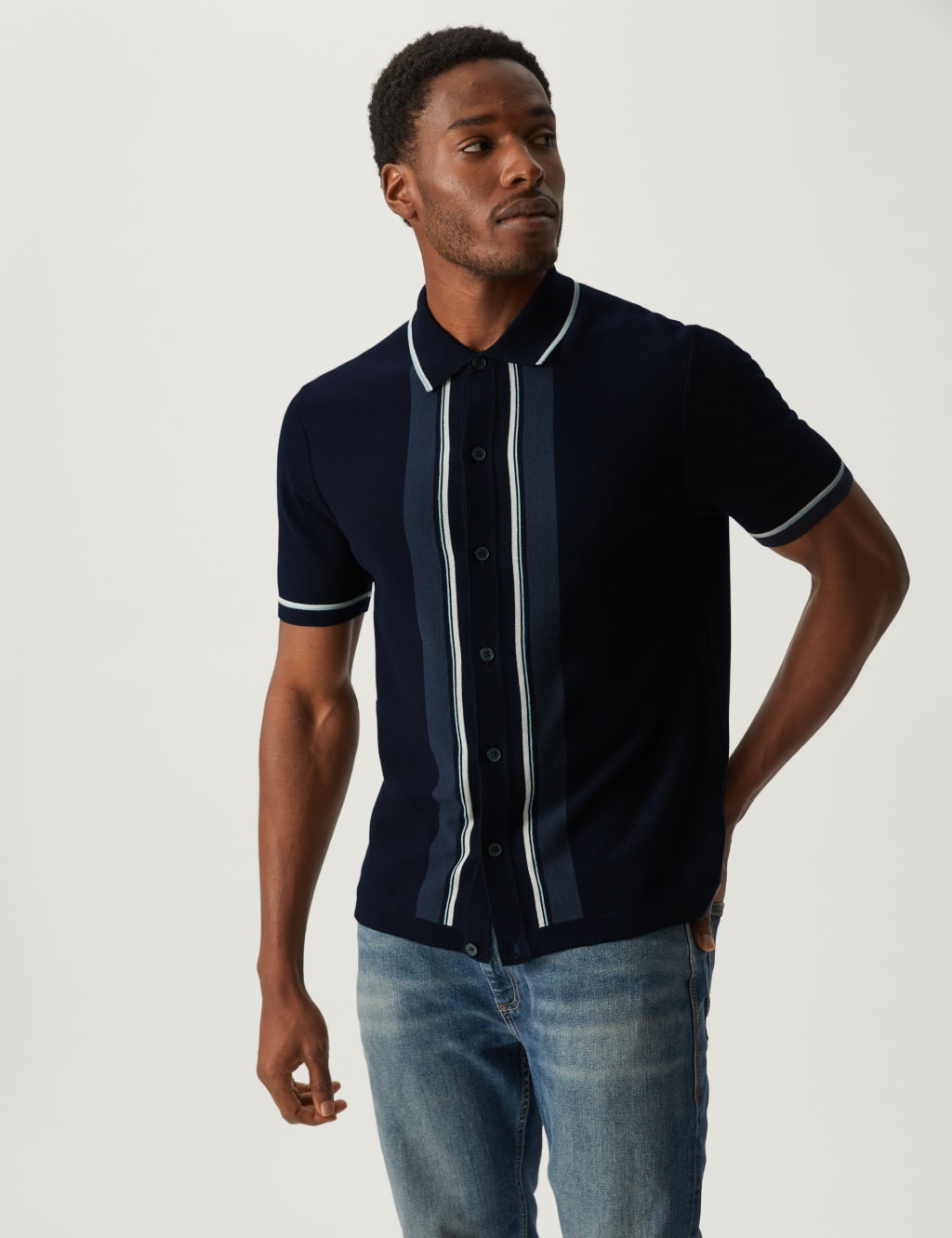 Cotton Rich Striped Knitted Polo Shirt image 2