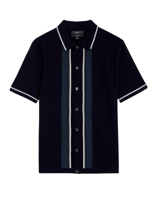 

Mens M&S Collection Gestricktes Poloshirt mit hohem Baumwollanteil und Streifenmuster - Navy Mix, Navy Mix