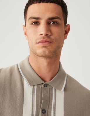 

Mens M&S Collection Gestricktes Poloshirt mit hohem Baumwollanteil und Streifenmuster - Natural Mix, Natural Mix