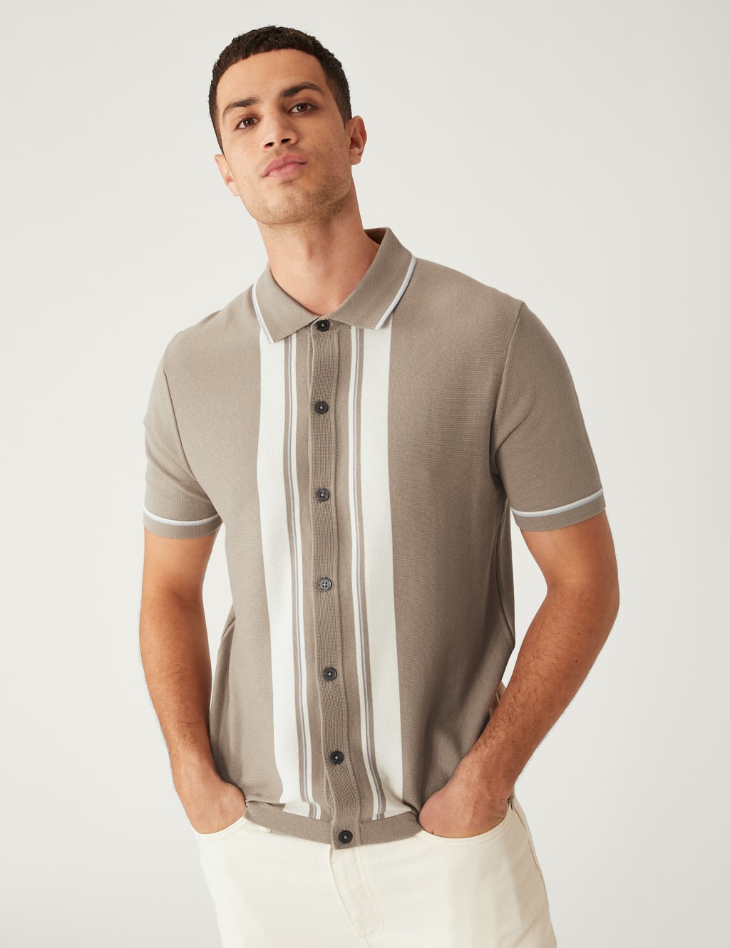 Cotton Rich Striped Knitted Polo Shirt image 3