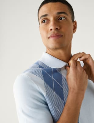 

Mens M&S Collection Strick-Poloshirt mit hohem Baumwollanteil und Argyle-Muster - Blue Mix, Blue Mix