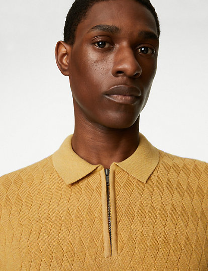M&S Collection Cotton Rich Textured Knitted Polo Shirt - Lreg - Yellow, Yellow