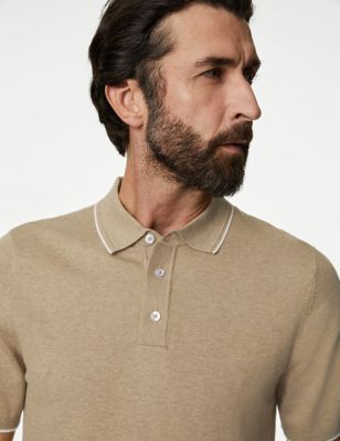 M&S Mens Cotton Rich Short Sleeve Knitted Polo Shirt - SREG - Beige, Beige,Dark Navy,Pale Blue,Dark 