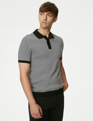 

Mens M&S Collection Strick-Poloshirt mit hohem Baumwollanteil und geometrischem Muster - Black Mix, Black Mix