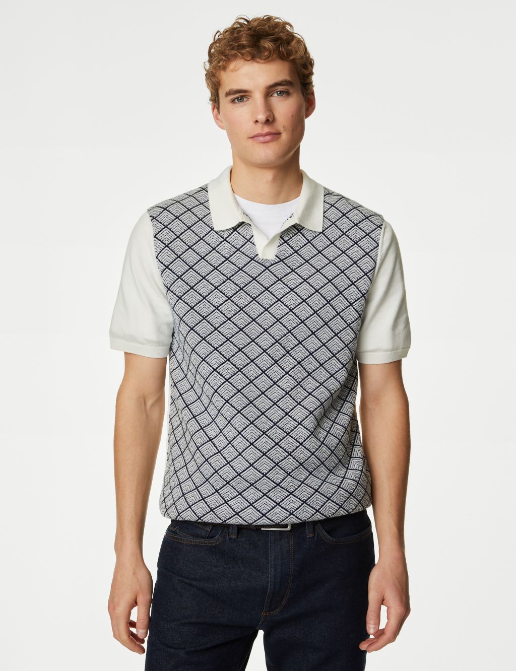 Cotton Rich Geometric Knitted Polo Shirt image 3