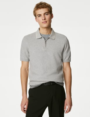 

Mens M&S Collection Cotton Rich Textured Knitted Polo Shirt - Grey Marl, Grey Marl