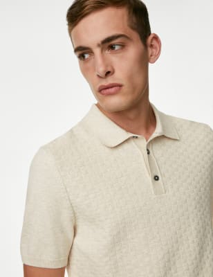 

Mens M&S Collection Cotton Rich Textured Knitted Polo Shirt - Ivory, Ivory