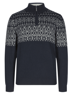 Fairisle Zip Through Neck Jumper with Wool | Blue Harbour | M&S