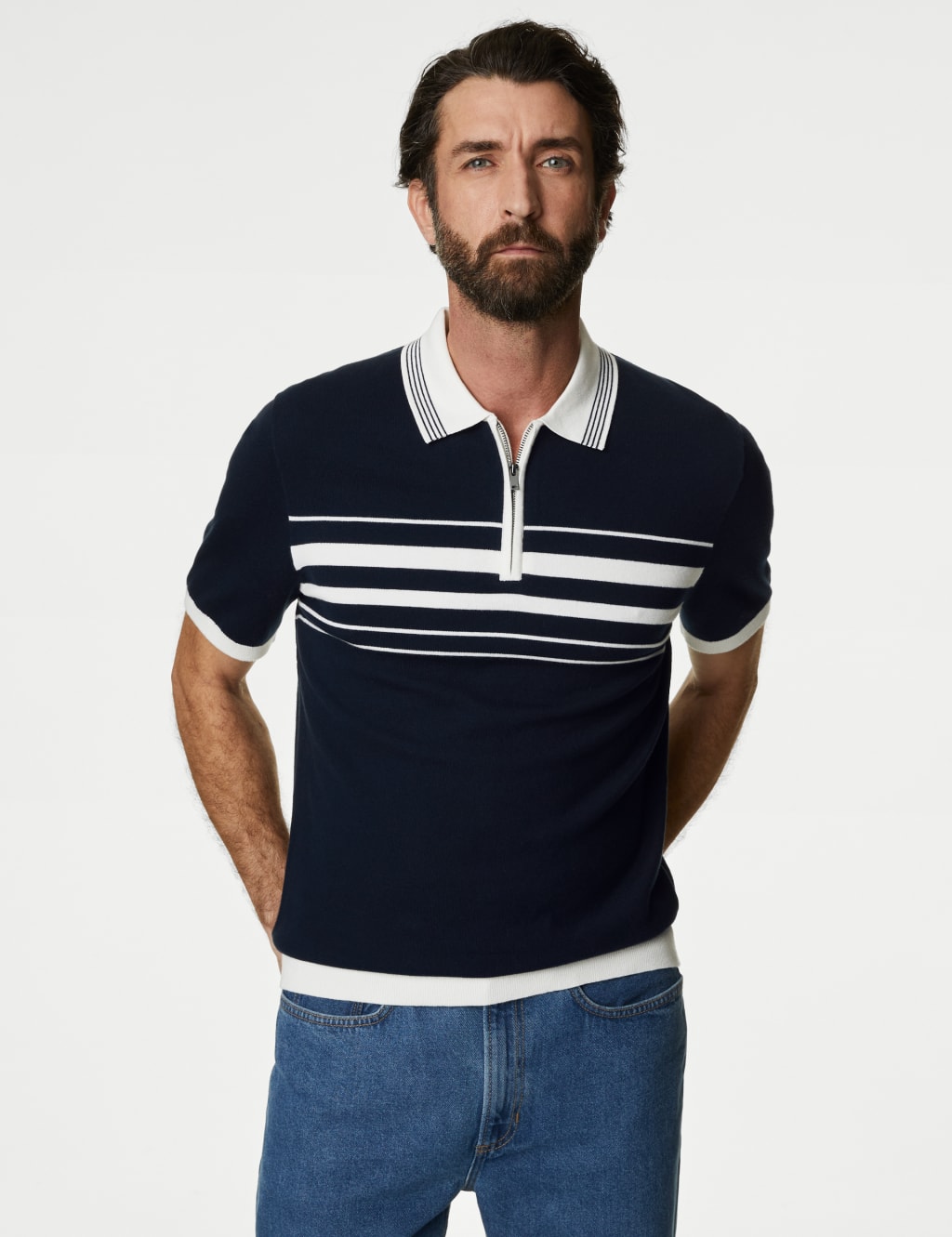Cotton Rich Striped Knitted Polo Shirt image 4
