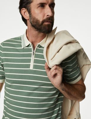 M&S Mens Cotton Rich Striped Knitted Polo Shirt - XLREG - Antique Green, Antique Green