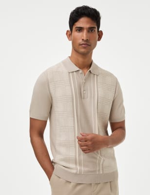 M&S Men's Cotton Rich Striped Polo Shirt - XLREG - Ecru, Ecru