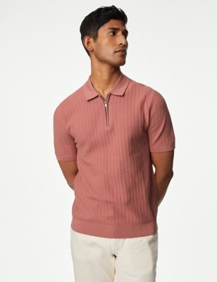 M&S Mens Cotton Rich Textured Knitted Polo Shirt - SREG - Pink, Pink,Black,Ecru,Antique Green,Dark N