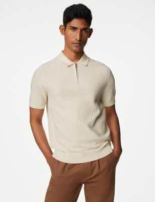 M&S Mens Cotton Rich Textured Knitted Polo Shirt - XXXXLLNG - Ecru, Ecru,Pink,Black,Antique Green,Da