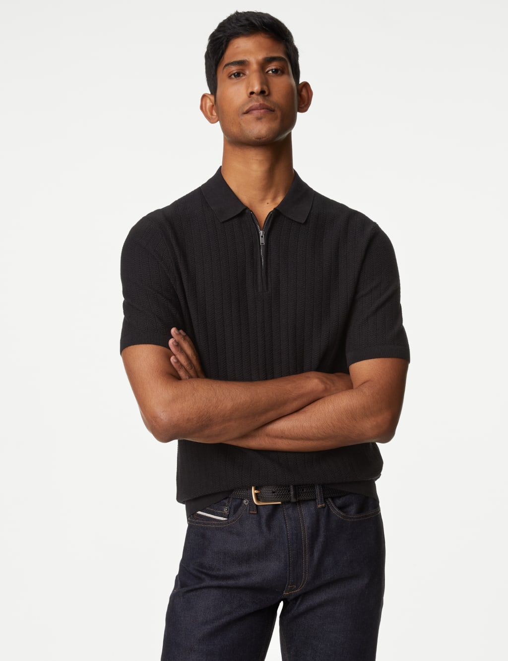 Black zip up polo hot sale shirt