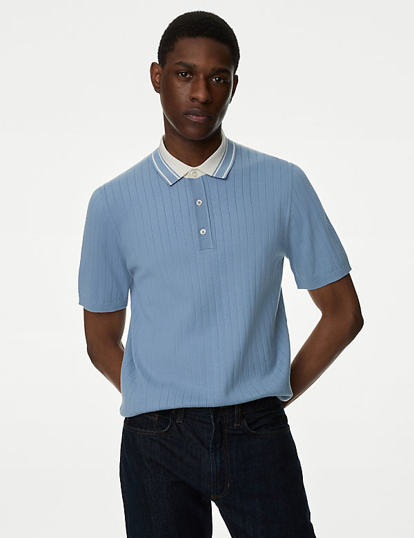 Cotton Rich Ribbed Knitted Polo Shirt - LU