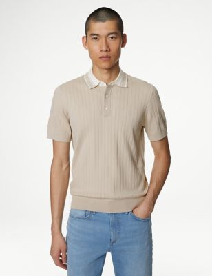 M&S Mens Cotton Rich Ribbed Knitted Polo Shirt - XLREG - Neutral, Neutral,Dark Navy,Slate Blue
