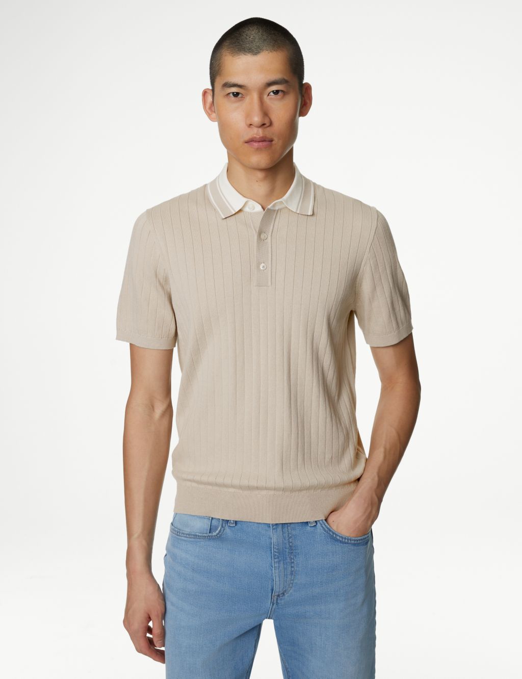 Cotton Rich Ribbed Knitted Polo Shirt