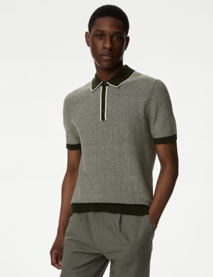 M&S Mens Cotton Rich Textured Knitted Polo Shirt - SREG - Medium Khaki, Medium Khaki,Black Mix,Toffe