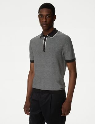 

Mens M&S Collection Cotton Rich Textured Knitted Polo Shirt - Black Mix, Black Mix