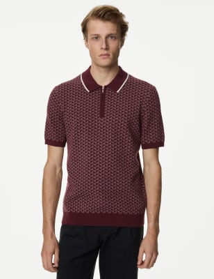 M&S Men's Cotton Rich Zip Up Knitted Polo Shirt - SREG - Wine Mix, Wine Mix