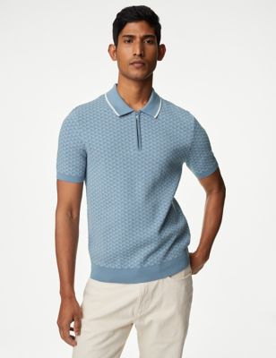 M&S Mens Cotton Rich Zip Up Knitted Polo Shirt - XLREG - Blue Mix, Blue Mix,Wine Mix
