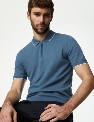 M&S Mens Cotton Rich Tipped Knitted Polo Shirt - LLNG - Blue, Blue,Black,Ivory