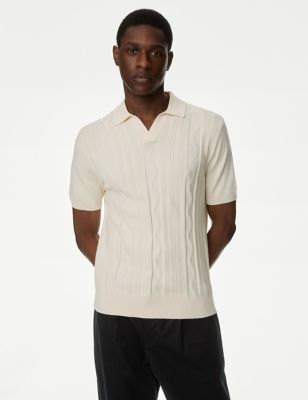 M&S Mens Cotton Rich Textured Knitted Polo Shirt - XSREG - Ecru, Ecru,Air Force Blue,Medium Lavender