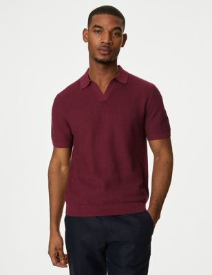 M&S Mens Textured Knitted Polo Shirt with Linen - XLREG - Wine, Wine