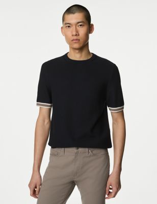 M&S Mens Cotton Rich Textured Knitted T-Shirt - XLREG - Dark Navy, Dark Navy,Sage Green