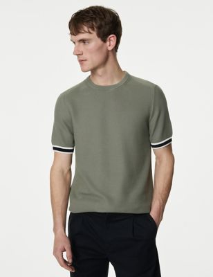 M&S Men's Cotton Rich Textured Knitted T-Shirt - LREG - Sage Green, Sage Green,Dark Navy
