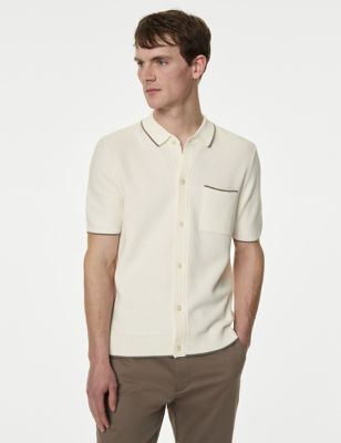 M&S Mens Cotton Rich Short Sleeve Knitted Polo Shirt - XLREG - Ivory, Ivory