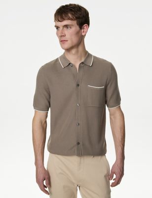 M&S Men's Cotton Rich Short Sleeve Knitted Polo Shirt - XXXLREG - Neutral, Neutral,Ivory