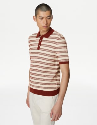 

Mens M&S Collection Pure Cotton Textured Striped Knitted Polo Shirt - Rust Mix, Rust Mix