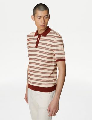 M&S Mens Pure Cotton Textured Striped Knitted Polo Shirt - SREG - Rust Mix, Rust Mix