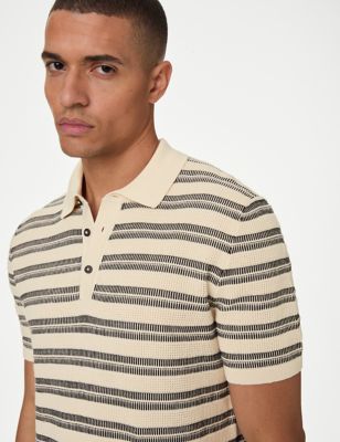 M&S Mens Pure Cotton Textured Striped Knitted Polo Shirt - SREG - Black Mix, Black Mix,Rust Mix