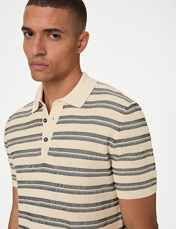 Pure Cotton Textured Striped Knitted Polo Shirt - CH
