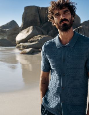 M&S Men's Cotton Rich Textured Knitted Polo Shirt - SREG - Blue Mix, Blue Mix