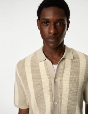 M&S Mens Cotton Rich Striped Knitted Polo Shirt - XLREG - Neutral, Neutral