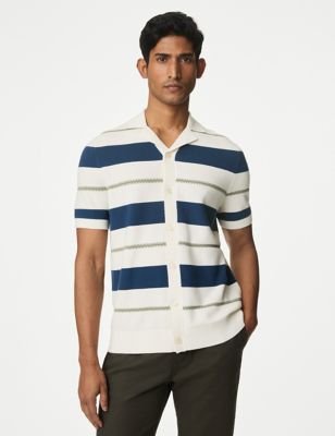 M&S Men's Cotton Rich Striped Knitted Polo Shirt - XLREG - Blue Mix, Blue Mix