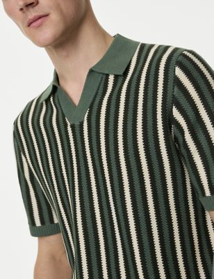 M&S Mens Striped Open Neck Knitted Polo Shirt with Linen - XSREG - Green Mix, Green Mix
