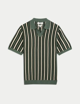 Striped Open Neck Knitted Polo Shirt with Linen